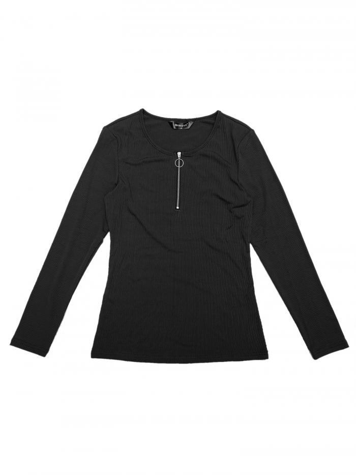 Allegra K リブ編みニットブラウス レディース 長袖 ラウンドネック フロントジッパートップス ブラック S