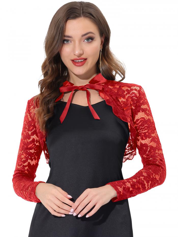 Allegra K シアーボレロ かぎ針編み スタンドカラー レース クロップド レディース レッド XL