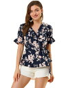 Allegra K 花柄 ペプラムブラウス カシュクール トップス Vネック フリル 半袖 レディース ブルー 2XL(4)