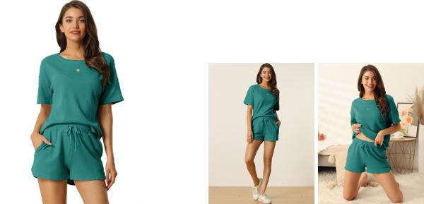 cheibear ナイトウェア 無地 ラウンジセット 半袖 ショーツ付き プルオーバー ジョガー 夏 ジャージ レディース ピーコックグリーン L