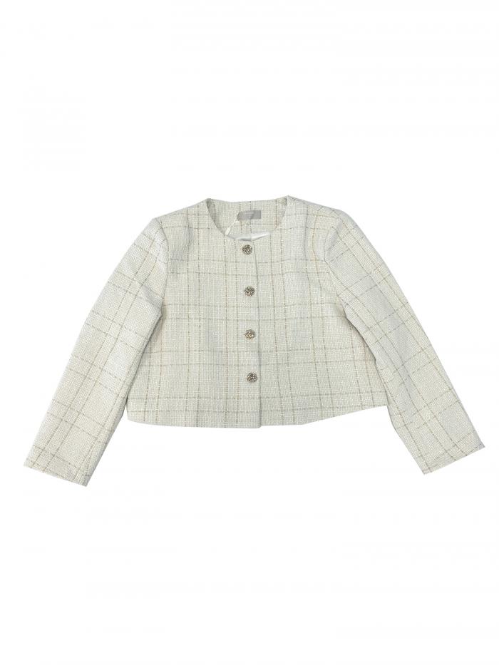 Hobemty レディース ツイード ブレザー カジュアル ノーカラー ボタンフロント チェック柄 ジャケット ベージュホワイト S