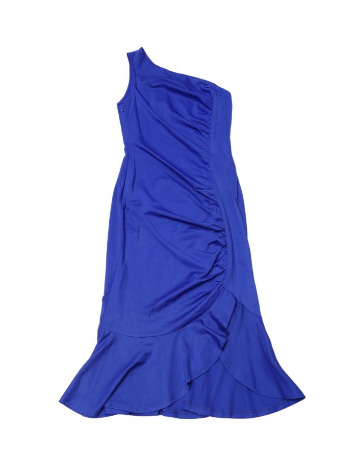 Allegra K ワンショルダー ミディドレス 無地ワンピース ノースリーブ シャーリング マーメイド フィッシュテール レディース ロイヤルブルー L