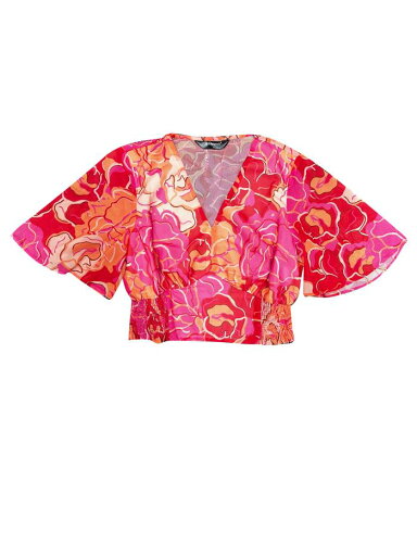 Allegra K クロップトップス 花柄 スモック フレア半袖 Vネック サマー レディース ホットピンク L Allegra K クロップトップス 花柄 スモック フレア半袖 Vネック サマー レディース ホットピンク L