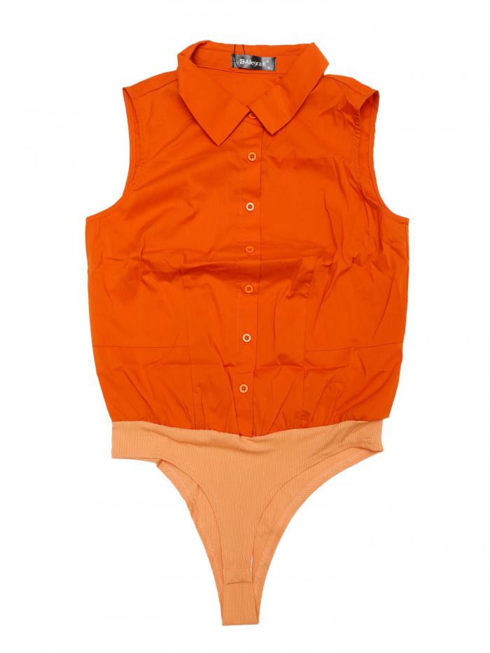 Allegra K ボディスーツ ノースリーブ 襟付き ビジネス ワーク トップス ボタンダウン レオタード シャツ レディース オレンジ XL