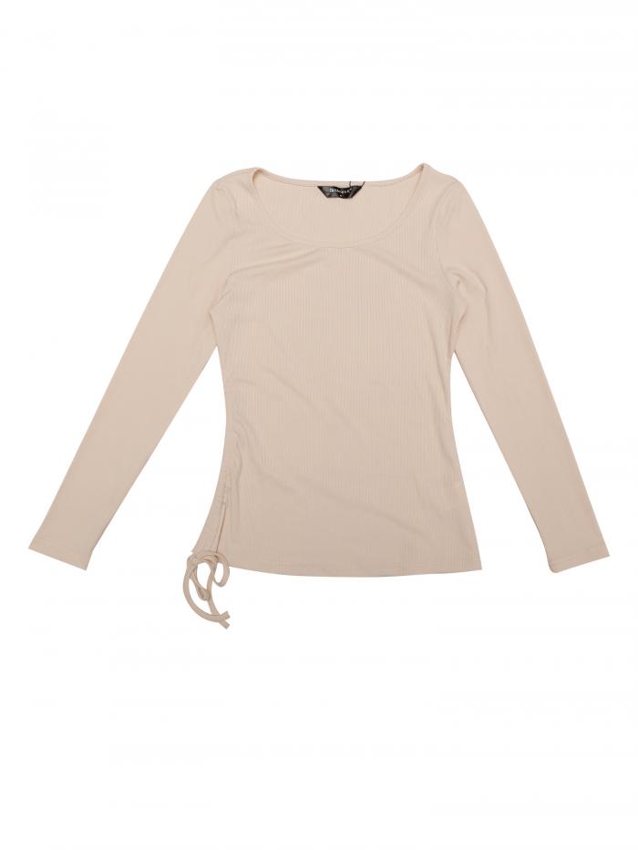 Allegra K Tシャツ 長袖カットソー シャーリングトップ ラウンドネック ベーシック レディース ベージュ S