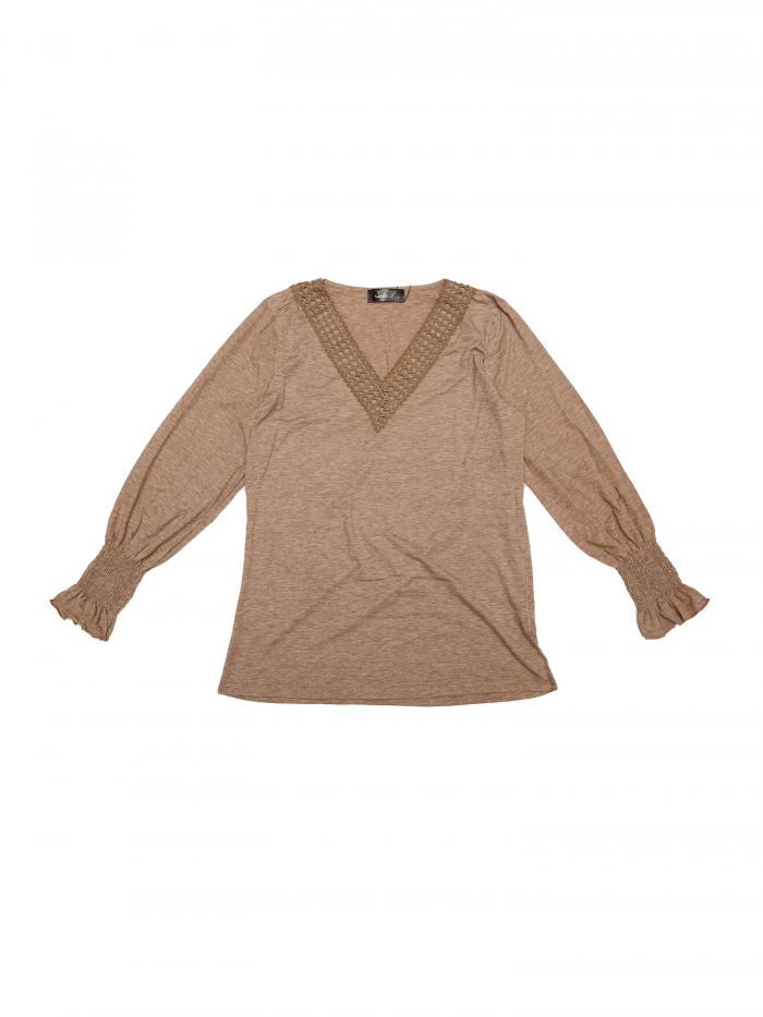 Seta T レディース Vネック 長袖 スモックカフ シンプル カジュアル トップス 秋冬 ファッション Tシャツ ブラウン L