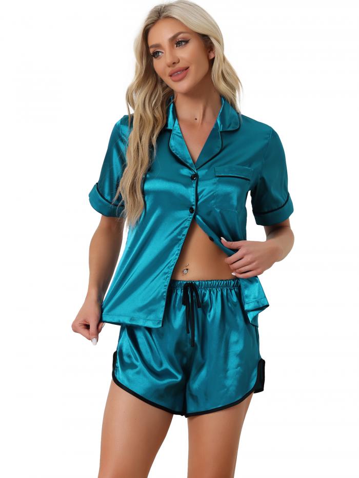 cheibear パジャマセット サテン ナイトウェア ラウンジパジャマ Tシャツとショーツ 2ピース レディース ピーコックグリーン M