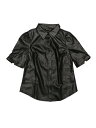 Allegra K レディース フェイクレザー シャツ ボタンダウン パフスリーブ PU ジャケット ブラウス ブラック S