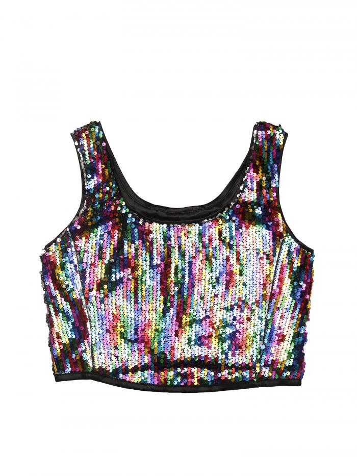 Allegra K クロップタンクトップ 衣装 ノースリーブ クラブウェア メタリック スパンコール ラウンドネ..