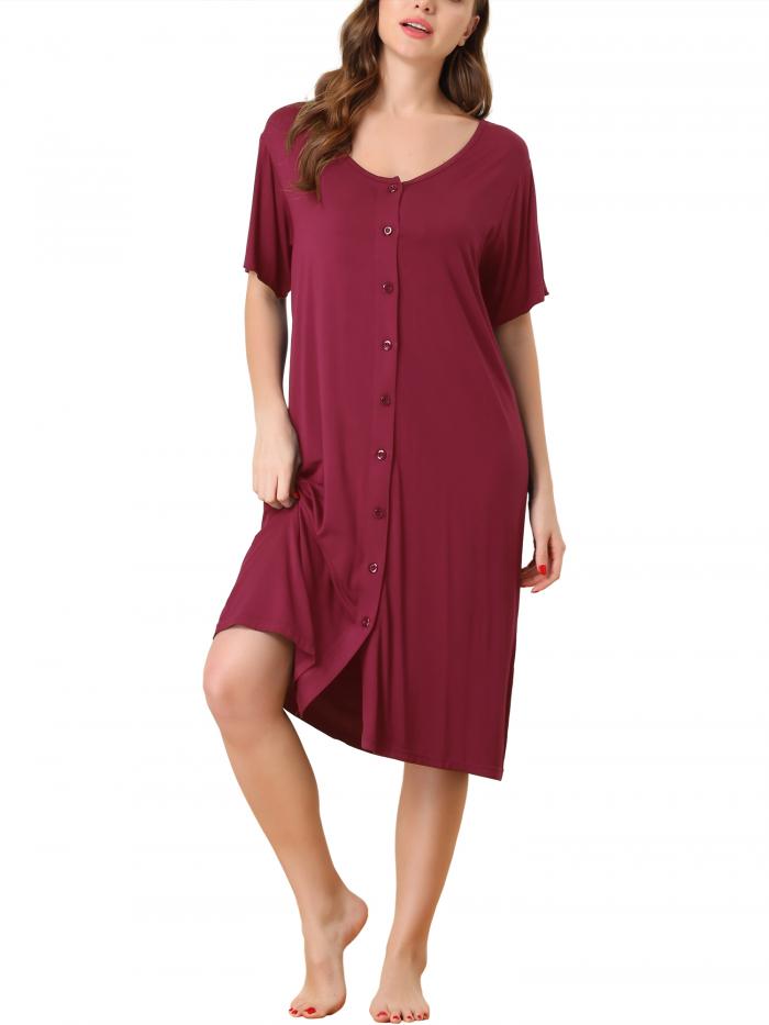 ナイトガウン パジャマドレス スリープシャツ 半袖 無地 ソフト モーダル ナイトシャツ ボタンダウン レディース ダークレッド XS