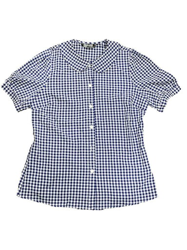 Allegra K チェックブラウス 丸襟 ボタンダウンシャツ パフ半袖 ギンガムトップス レディース ブルー XS Allegra K チェックブラウス 丸襟 ボタンダウンシャツ パフ半袖 ギンガムトップス レディース ブルー XS