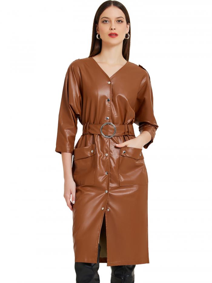 Allegra K レディース フェイクレザードレス 七分袖 ボタンダウン Vネック ミディドレス カジュアルワンピース ブラウン S