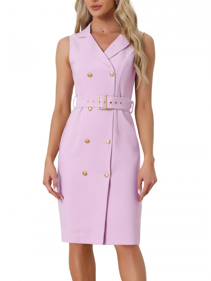Allegra K ノースリーブドレス 通勤ワンピース ノッチドラペル ノースリーブ ベルト付き ブレザー レディース パープル M
