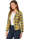 Allegra K ブレザー ジャケット 長袖 プリント ノッチドラペル 前開き オープンフロント ショート丈 レディース イエロー チェック柄 2XL(4)