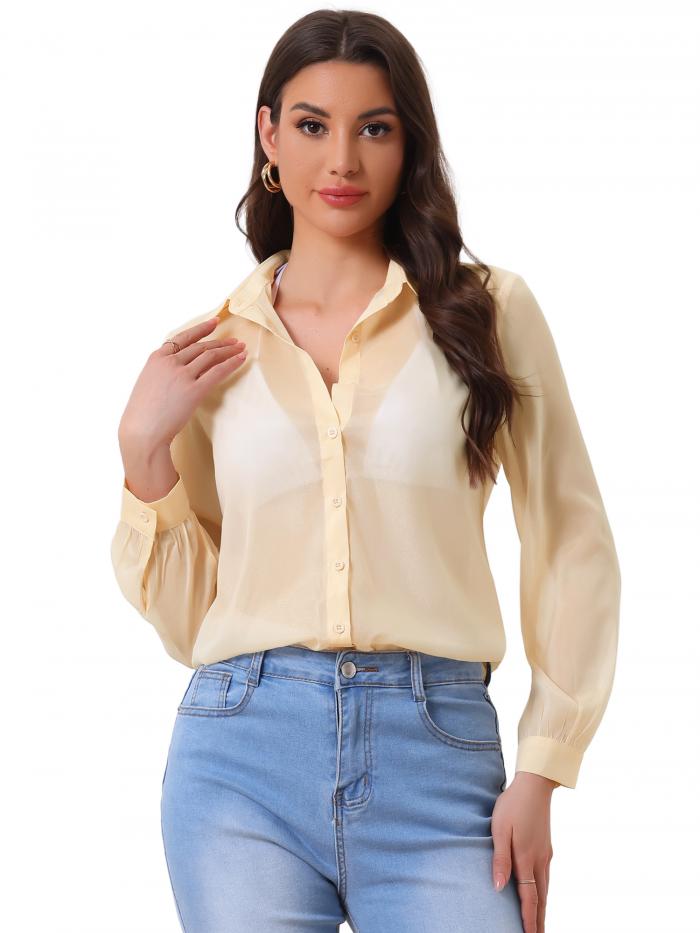 Allegra K 無地シャツ 長袖ブラウス トップス ボタンダウン シャツ メッシュシアー レディース アプリコット L
