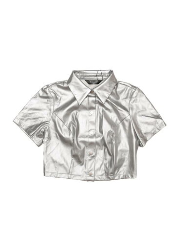 Allegra K クロップトップ ジャケット ブラウス PU レザー 半袖 ボタンダウン シャツ ブラウス レディース シルバー XS Allegra K クロップトップ ジャケット ブラウス PU レザー 半袖 ボタンダウン シャツ ブラウス レディース シルバー XS