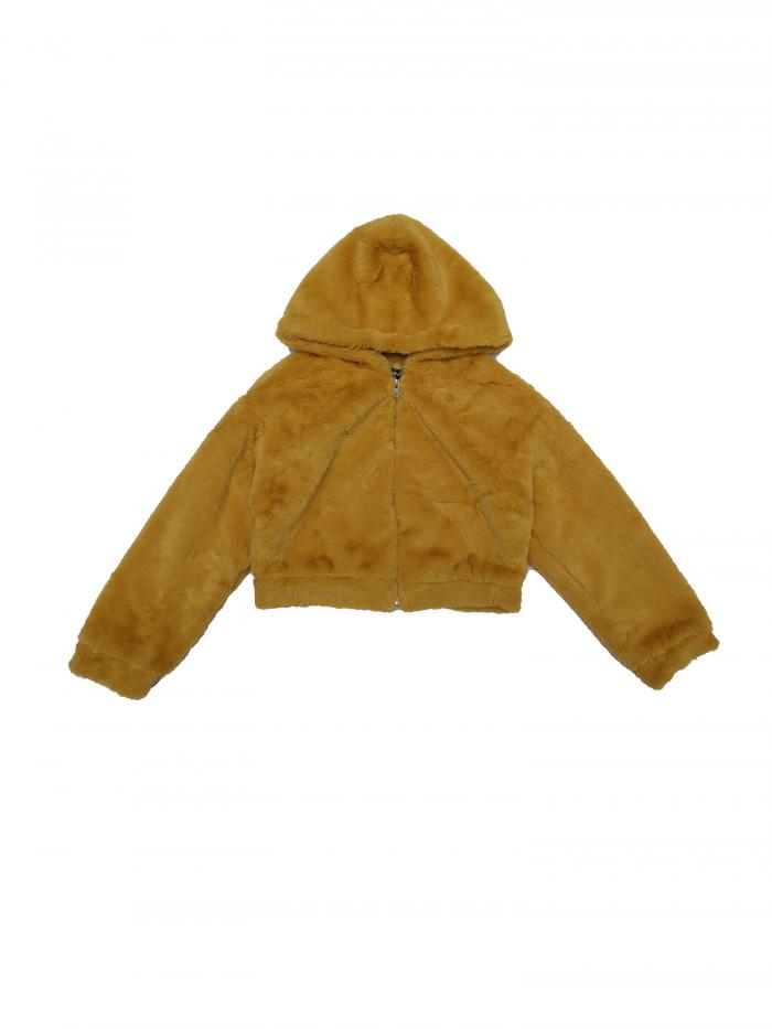 Allegra K フリースジャケット フェイクファーコート クロップド ファジー ジップアップ フード付き 冬服 レディース イエロー XL