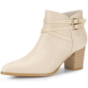 Allegra K レディース ポインテッドトゥ バックル装飾 クロスストラップ ブロックヒール アンクルブーツ ベージュ 25.5cm
