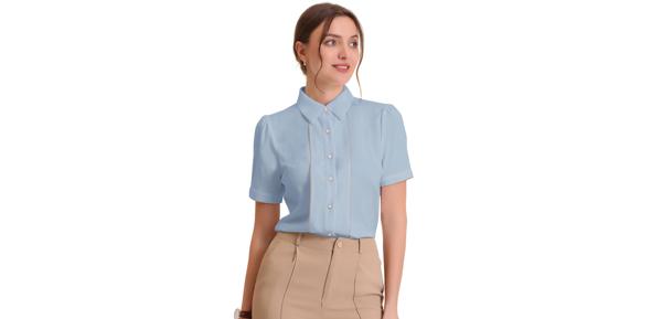 Allegra K 半袖ブラウス ボタンダウンシャツ 襟付き コントラストトリム パフスリーブ 通学 通勤 レディース ライトブルー M