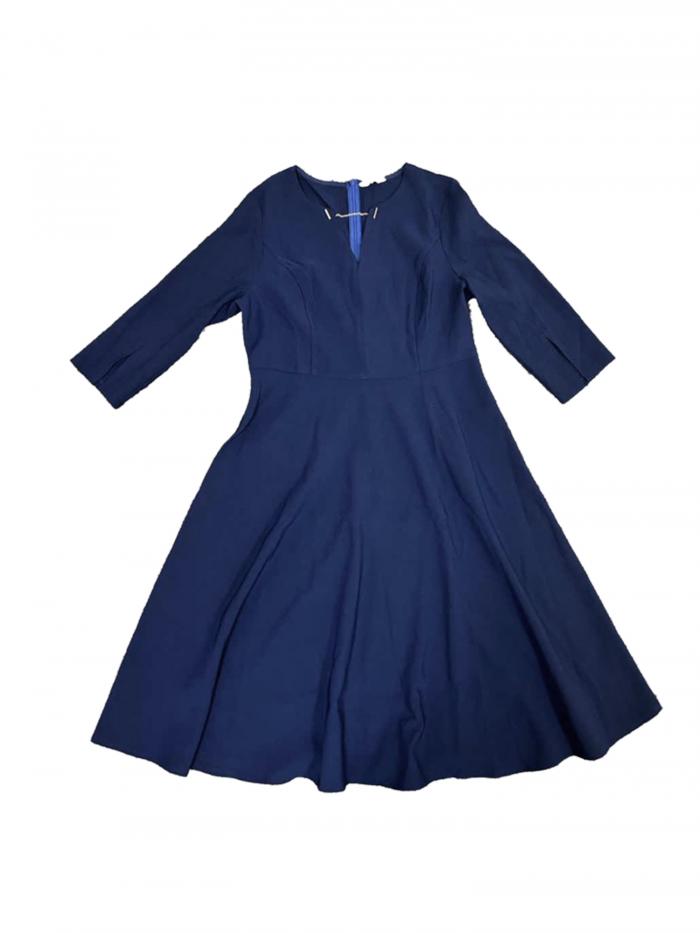 Hobemty レディース フレアドレス Vネック 3/4スリーブ 2024 エレガント Aライン ワークドレス ネイビーブルー L