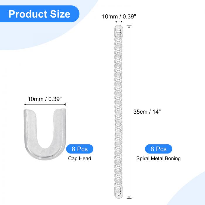 8個 螺旋メタルコルセットボニング 3/8"x 14"亜鉛メッキ炭素鋼ボニングプリカットスチールボニング先端付きキャップヘッド コルセットガウン衣装クラフト縫製用