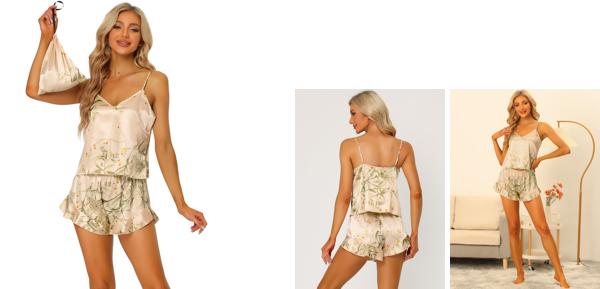 パジャマセット キャミ トップス ショートパンツ付き サテン フローラル プリント フリル ゴムウェスト レディース シャンパン XS