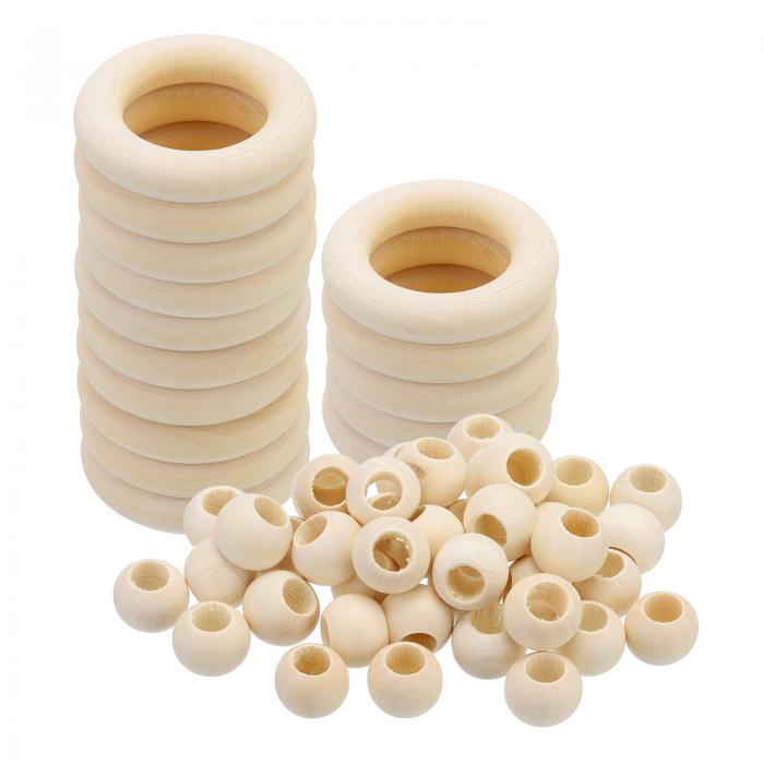 PATIKIL 天然木製リングと未塗装 木製ビーズセット 15個 50mm 木製フープと30個 20mm 木製カラーラウン..