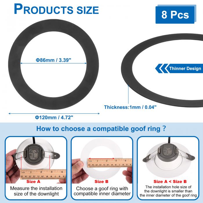 PATIKIL グーフリング 内径3.39" 外径4.72" 8個入り メタル製 グーフリング は パティオ壁取り付け照明器具 ダウンライト LED用 トリムカバーで マッ ト仕上げ 黒 [3]