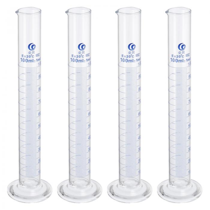PATIKIL 100ml 目盛り付きシリンダー 4個セット 3.3ホウケイ酸ガラス製 ラウンドベース 実験用 クリア