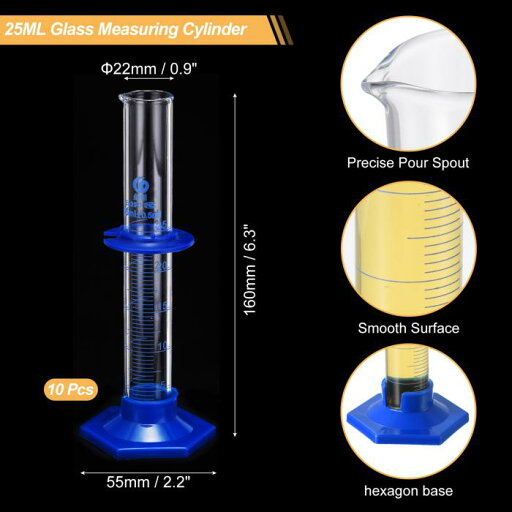 PATIKIL 25ml 目盛り付きシリンダー 10個セット 3.3ホウケイ酸ガラス製 計量シリンダー プラスチック製 六角形ベース 実験用 クリア