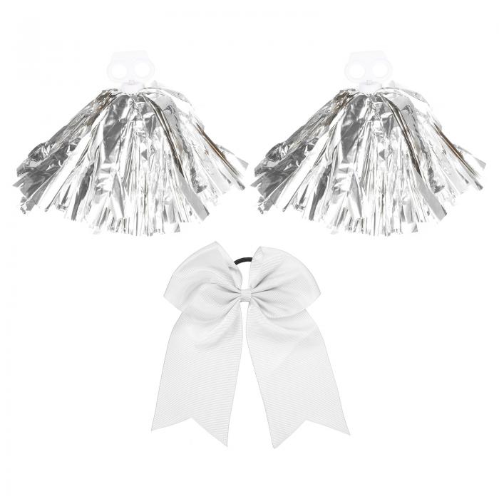 PATIKIL チアリーディングポンポン 2個セット 指穴付き 白い大きなチアリーダーヘアボウ付き スポーツ ダンス パーティー シルバートーン