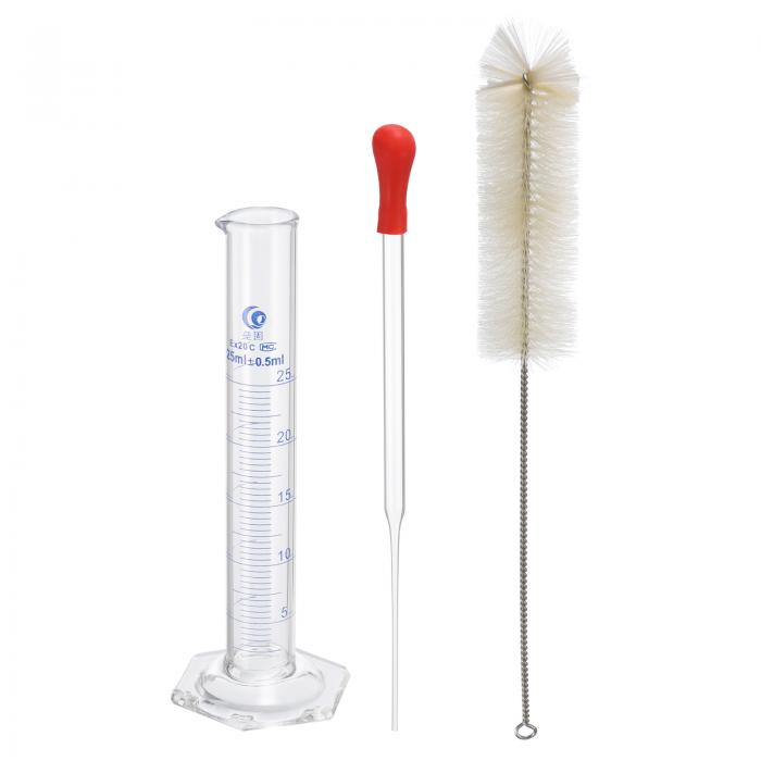 PATIKIL 25ml 目盛り付きシリンダー 3.3ホウケイ酸ガラス製 六角ベース付き計量シリンダー ラボ実験用ブ ラシとガラスドロッパー付き クリア