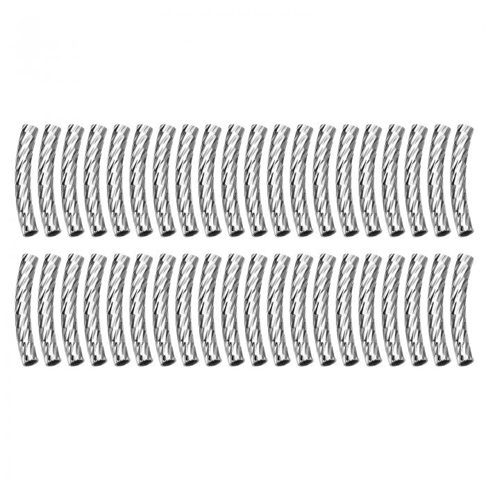 60個入りの真鍮製曲線チューブビーズ 3x20mmのテ クスチャープレートヌ ードルスペーサービーズ シルバーホワイト色 宝石クラフト作り用