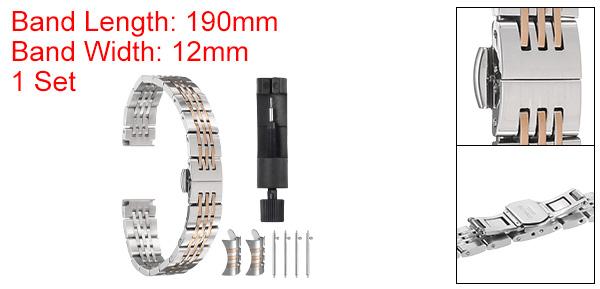 ステンレススチールウォッチバンド 12mm ダブルプレスバタフライ クラ スプ メタル ソリッドスチールチェーン ウォッチストラップ 交換用 カーブエンド付き スマートウォッチ用 メンズ レディース用 シルバーローズ