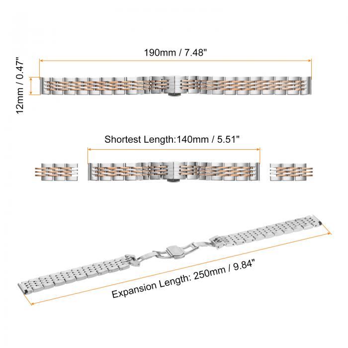 ステンレススチールウォッチバンド 12mm ダブルプレスバタフライ クラ スプ メタル ソリッドスチールチェーン ウォッチストラップ 交換用 カーブエンド付き スマートウォッチ用 メンズ レディース用 シルバーローズ