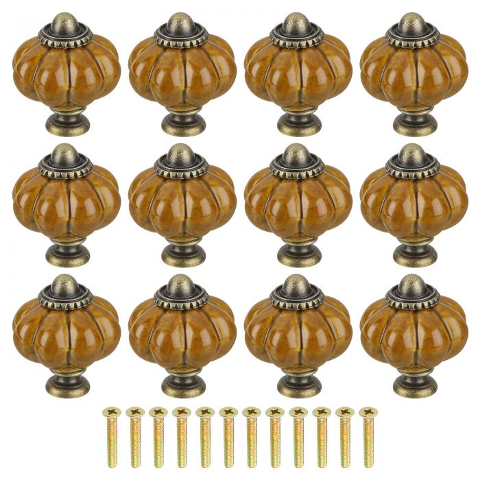 12個のセラミックパンプキンノブ 茶色ノブ装飾用引き出しノブ ヴィンテージ引き出しノブと12本のネジ付..