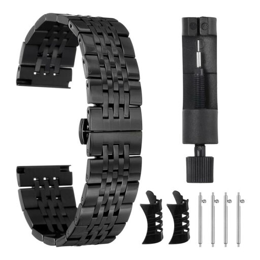 22mmのステンレススチールウォッチバンド ダブルプレッシングバタフライ クラ スプ メタルソリッドスチールチェーンウォッチストラップの交換用 曲がったエンドに適合 スマートウォッチ用 男性女性用 黒 22mmのステンレススチールウォッチバンド ダブルプレッシングバタフライ クラ スプ メタルソリッドスチールチェーンウォッチストラップの交換用 曲がったエンドに適合 スマートウォッチ用 男性女性用 黒