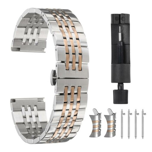ステンレススチール製腕時計バンド 22mm ダブルプレス バタフライ クラ スプ メタル ソリッドスチールチェーン 腕時計ストラップ 交換用 カーブエンド スマートウォッチ対応 メンズ レディース シルバー ローズ ステンレススチール製腕時計バンド 22mm ダブルプレス バタフライ クラ スプ メタル ソリッドスチールチェーン 腕時計ストラップ 交換用 カーブエンド スマートウォッチ対応 メンズ レディース シルバー ローズ