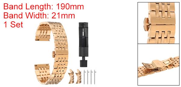 ステンレススチールウォッチバンド 21mm ダブルプレッシングバタフライ クラ スプ メタル ソリッドスチールチェーンウォッチストラップ 交換用 カーブエンド スマートウォッチ用 メンズ レディース ローズ金色