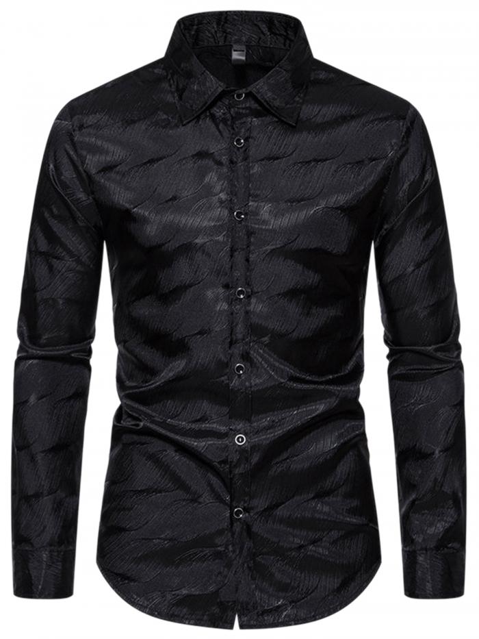 Lars Amadeus メンズ ボタンダウン ウェディング パーティー 光沢のあるサテン ドレス シャツ 高級プリント シャツ ブラック M