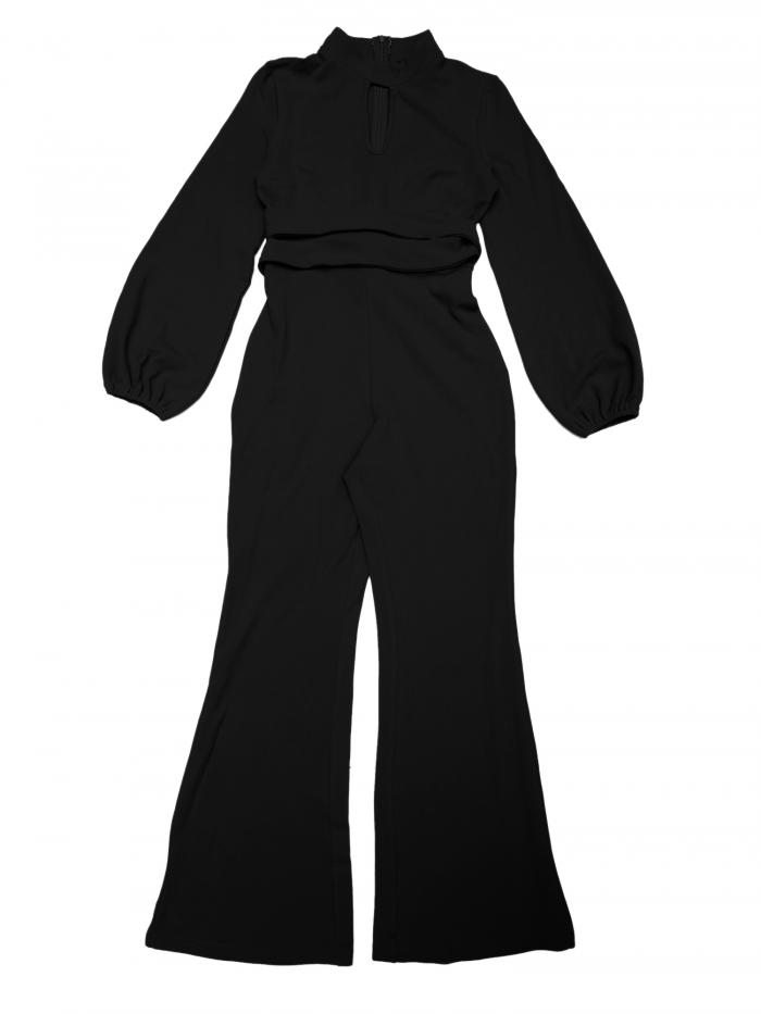Allegra K レディース 長袖 ハイウエスト エレガント パーティー ベルボトムパンツ ジャンプスーツ ドレッシー ジャンプスーツ ブラック XL
