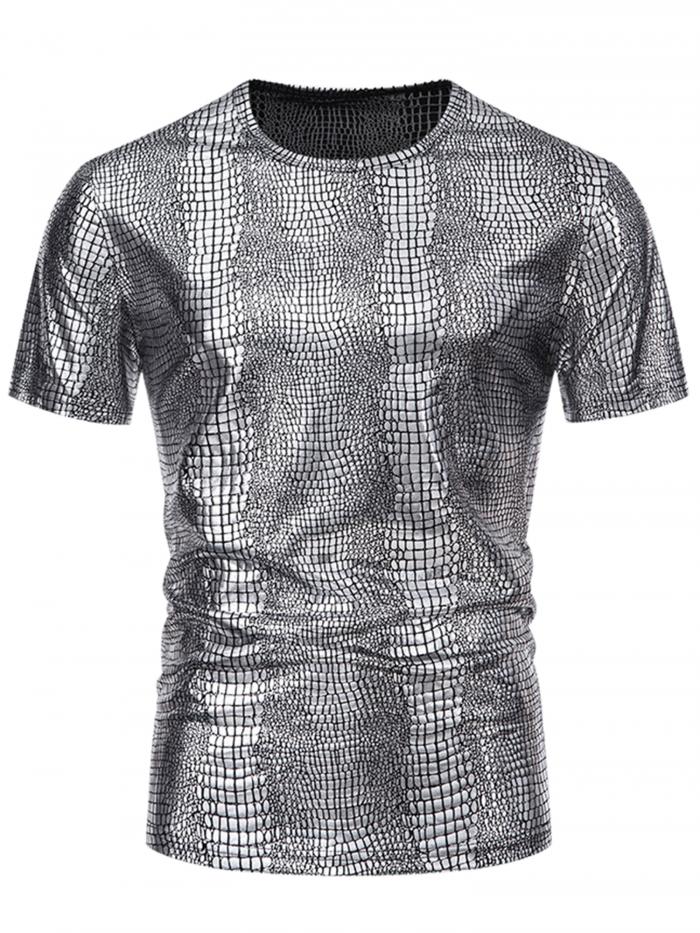 Lars Amadeus メタリック アニマル プリント Tシャツ メンズ 半袖 ディスコパーティーTシャツ シルバー L