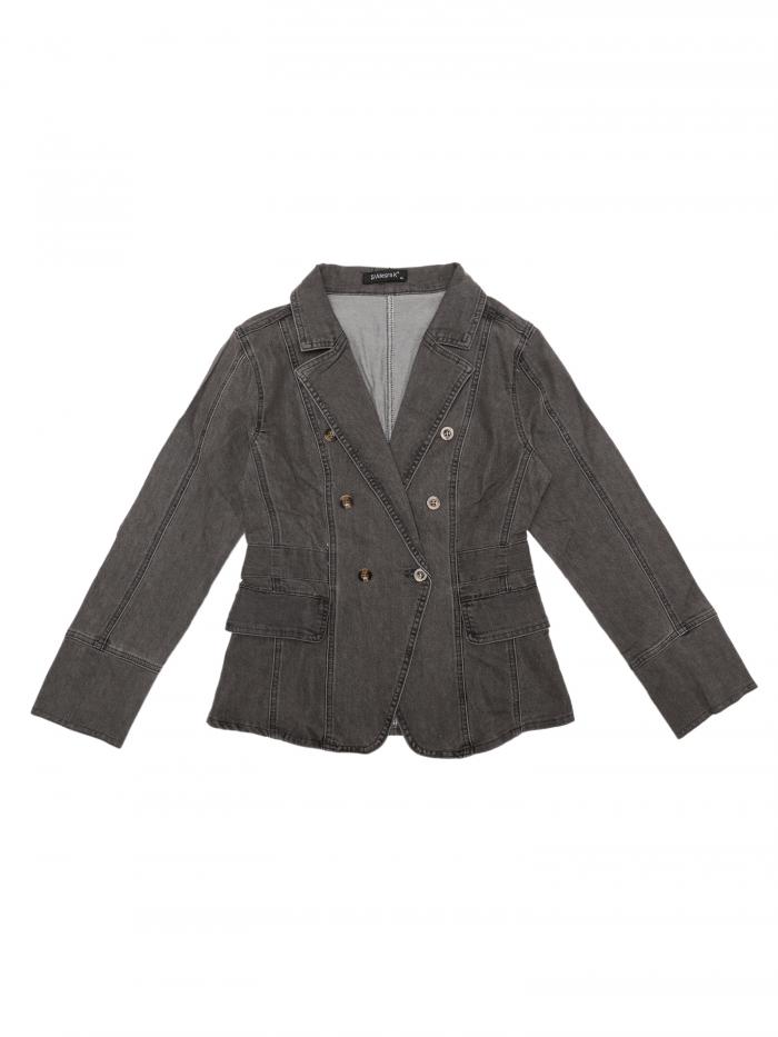 Allegra K デニム ブレザー ジャケット ジージャン Gジャン 長袖 オフィス ポケット付き レディース ダークグレー XS
