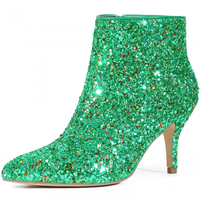 Perphy 女性用グリッタースパンコールポインテッドトゥスティレットヒールアンクルブーツ シャムロックグリーン 25.5cm