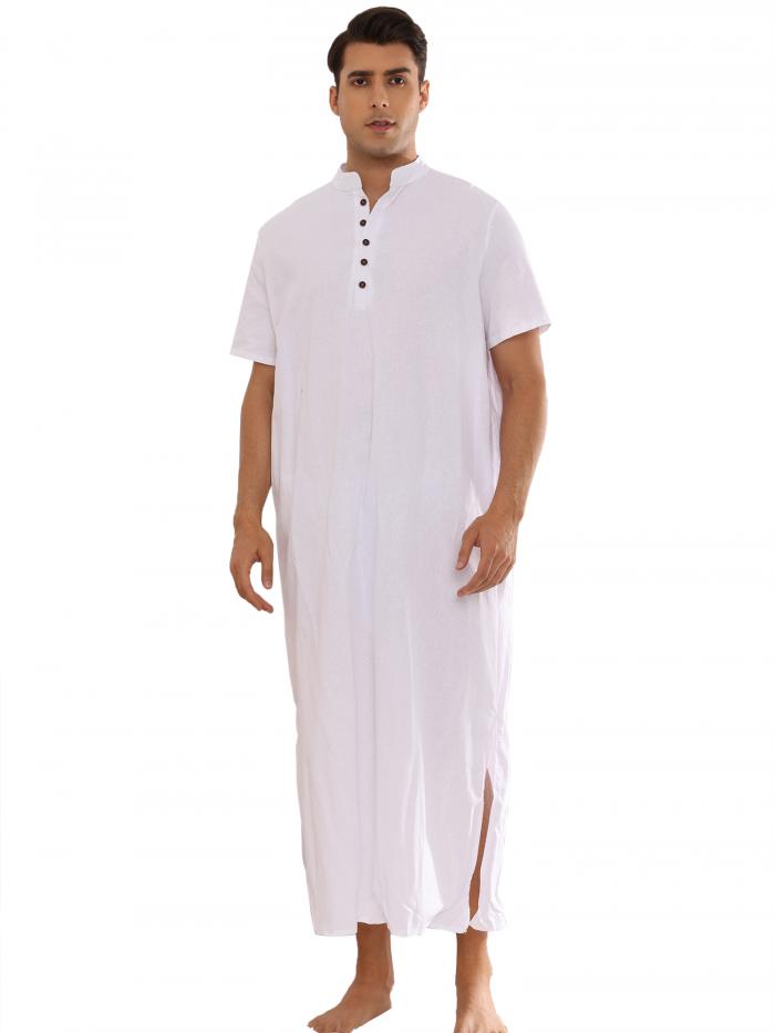 Lars Amadeus ヘンリーカラー ナイトシャツ メンズ 半袖 ゆったりフィット 快適 寝間着 ホワイト S