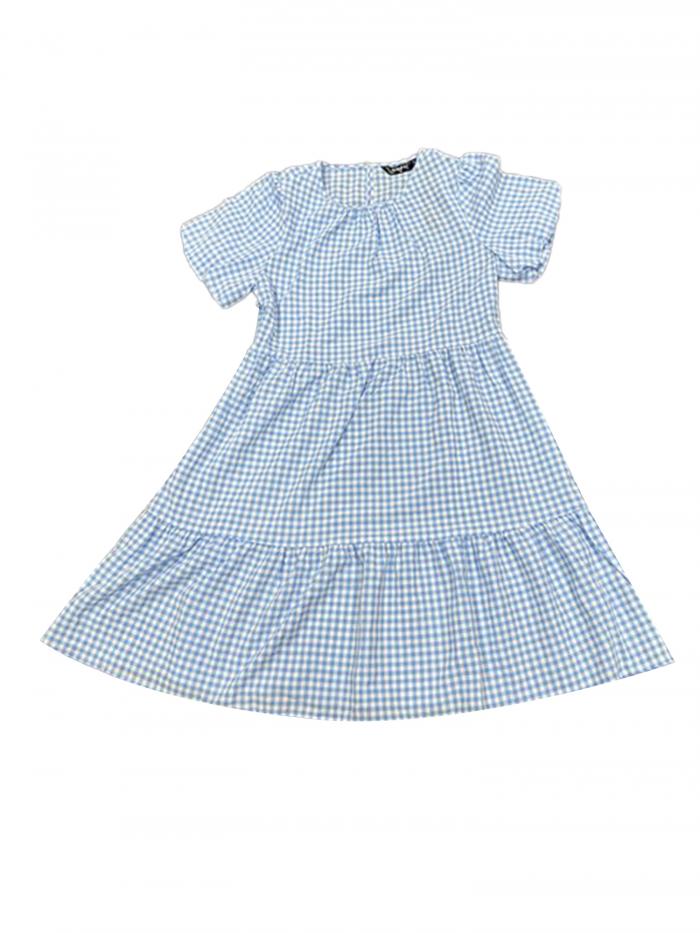 Allegra K チェック ドレス 可愛い パフスリーブ 半袖 クルーネック ハイウエスト ワンピース ティアード レディース ブルー M