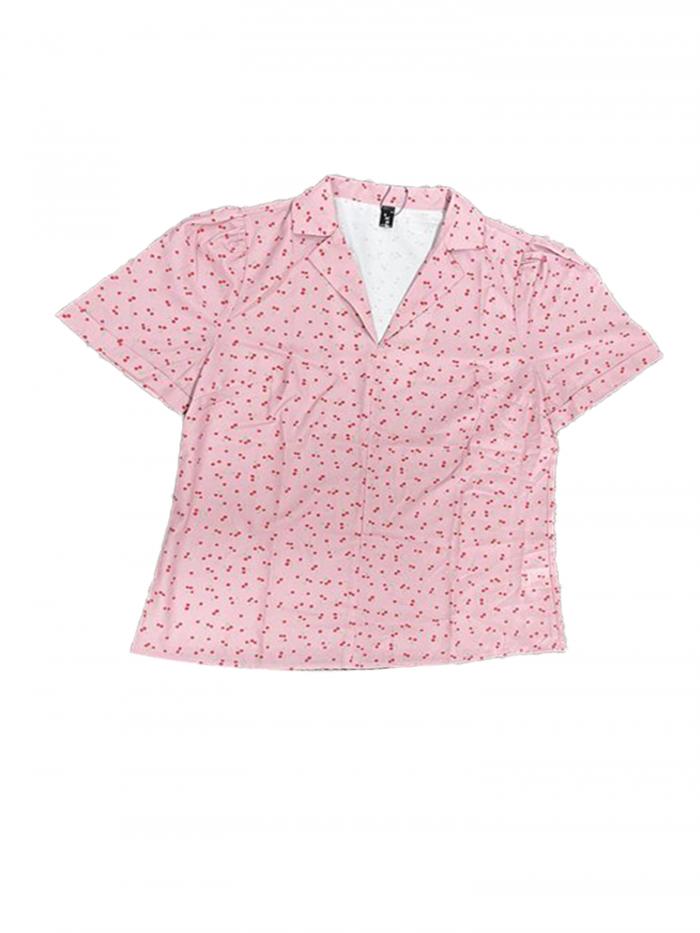 Allegra K シャツ ブラウス 半袖 水玉 チェリー柄 可愛い トップス Vネック プリント 折り襟 夏 レディース ピンク XL