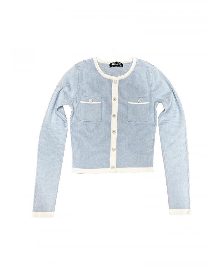 Allegra K リブ ニット シャツ クロップセーター トップス ラウンドネックブラウス ボタン装飾 レディース スカイブルー XL