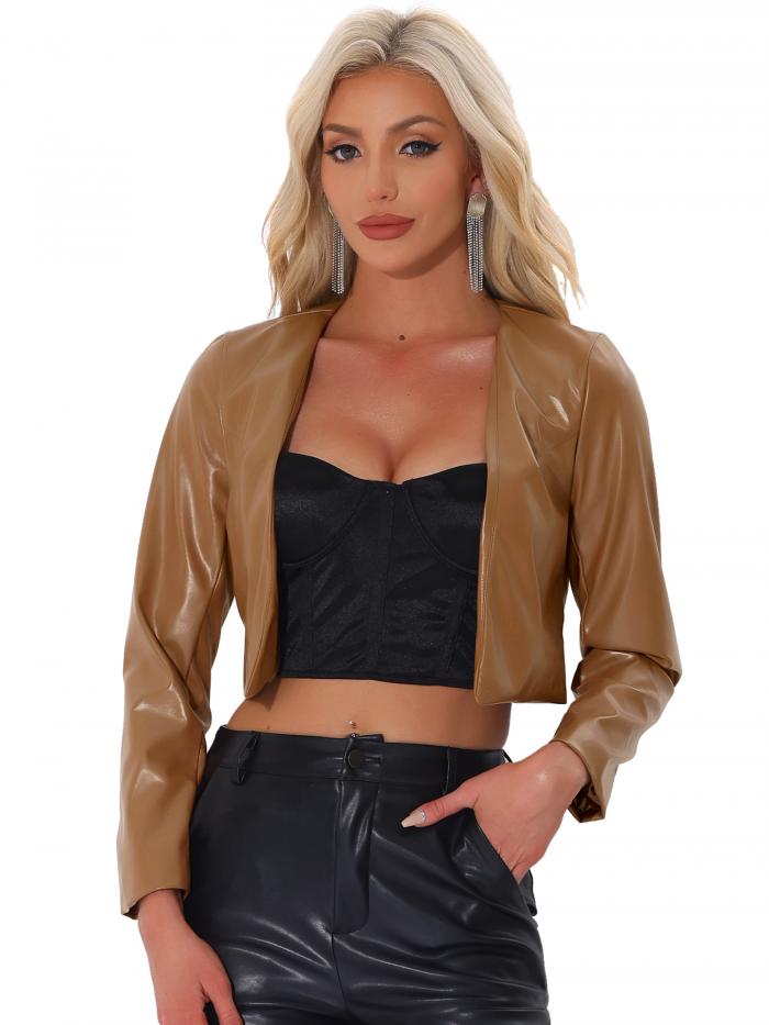 Allegra K クロップド ジャケット 長袖 コート オープンフロント フェイク PU レザー レディース ブラウン S