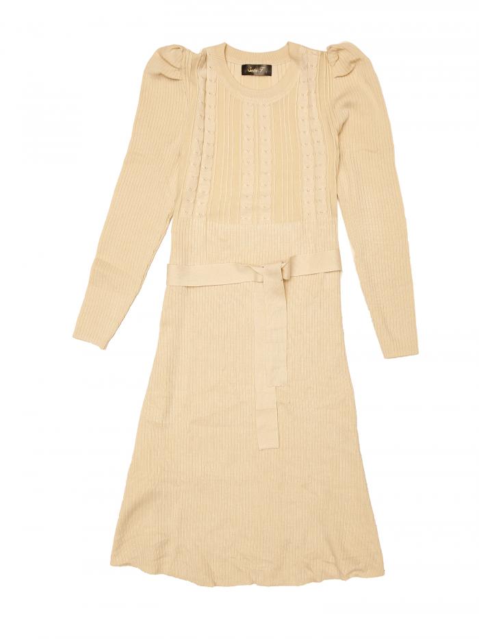 Seta T レディース パフ 長袖 セータードレス クルーネック タイウエスト Aライン スイング カジュアル リブニット ミディドレス アプリコット XL